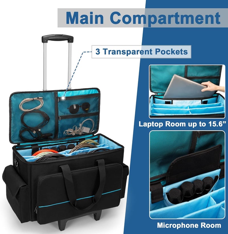 HODRANT Large Rolling DJ Cable Bag, Padded Gig Bag with Detachable Trolley & Divider, Music Gear Case with Multi Pockets for 15.6" Laptop, DJ Gear, Musical Instrument, Sound Equipment Storage - Image 3